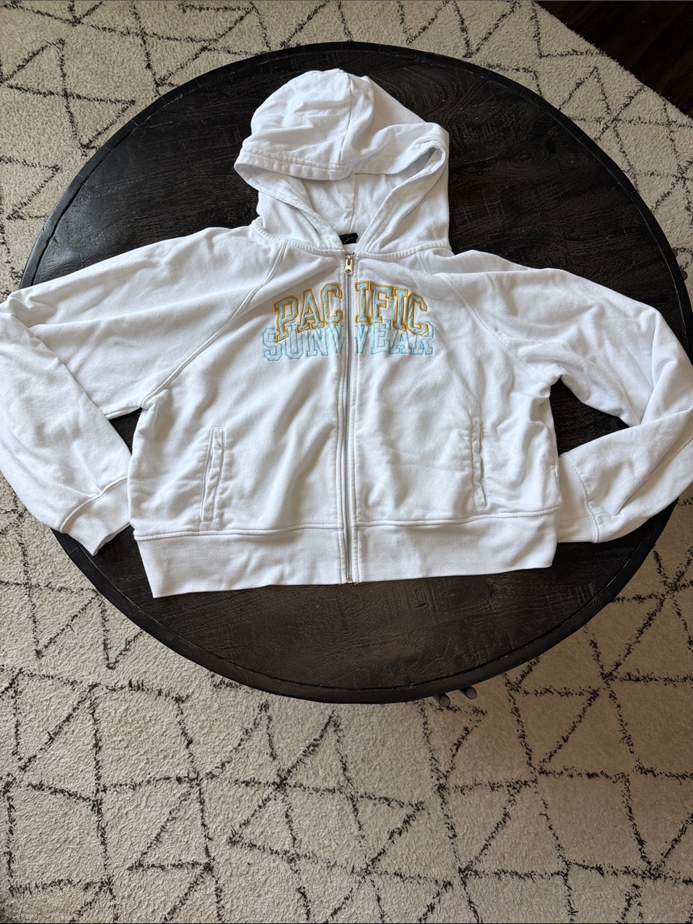 Pacific Sunwear White Hooded Zip Jacket with Yellow & Light Blue Logo